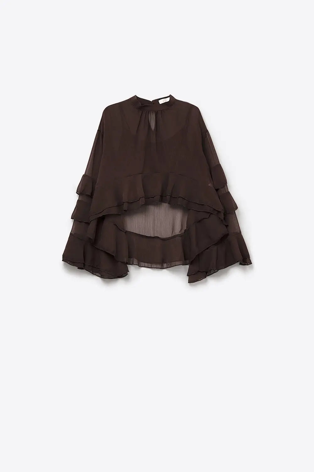 Chemisier en mousseline de soie à volants style cape de couleur marron - Tops