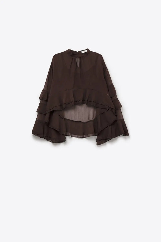 Chemisier en mousseline de soie à volants style cape de couleur marron - Tops