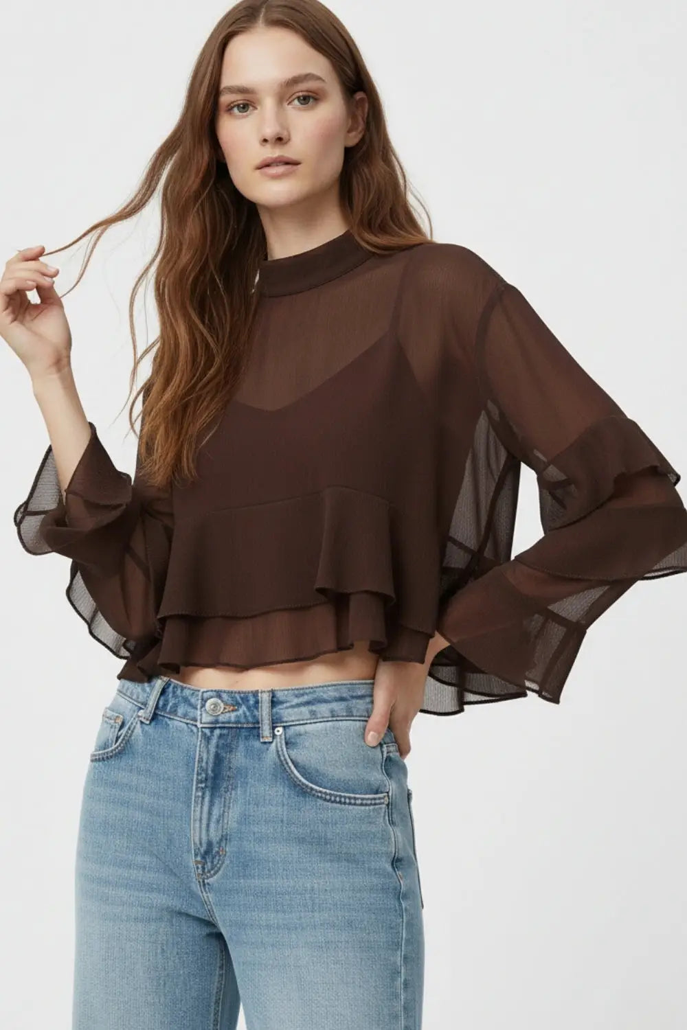 Chemisier en mousseline de soie à volants style cape de couleur marron - Tops