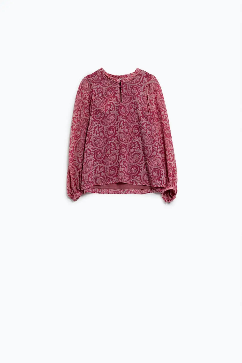 Chemisier en mousseline de soie rose à imprimé floral et manches longues ballon - Tee-Shirt