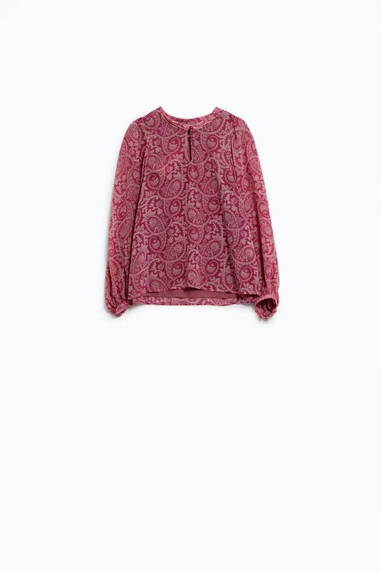 Chemisier en mousseline de soie rose à imprimé floral et manches longues ballon - Tee-Shirt