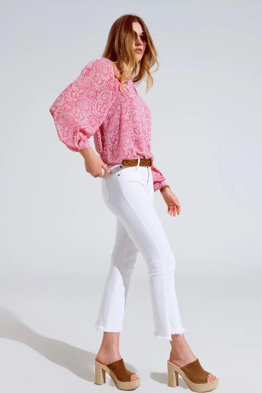 Chemisier en mousseline de soie rose à imprimé floral et manches longues ballon - Tee-Shirt