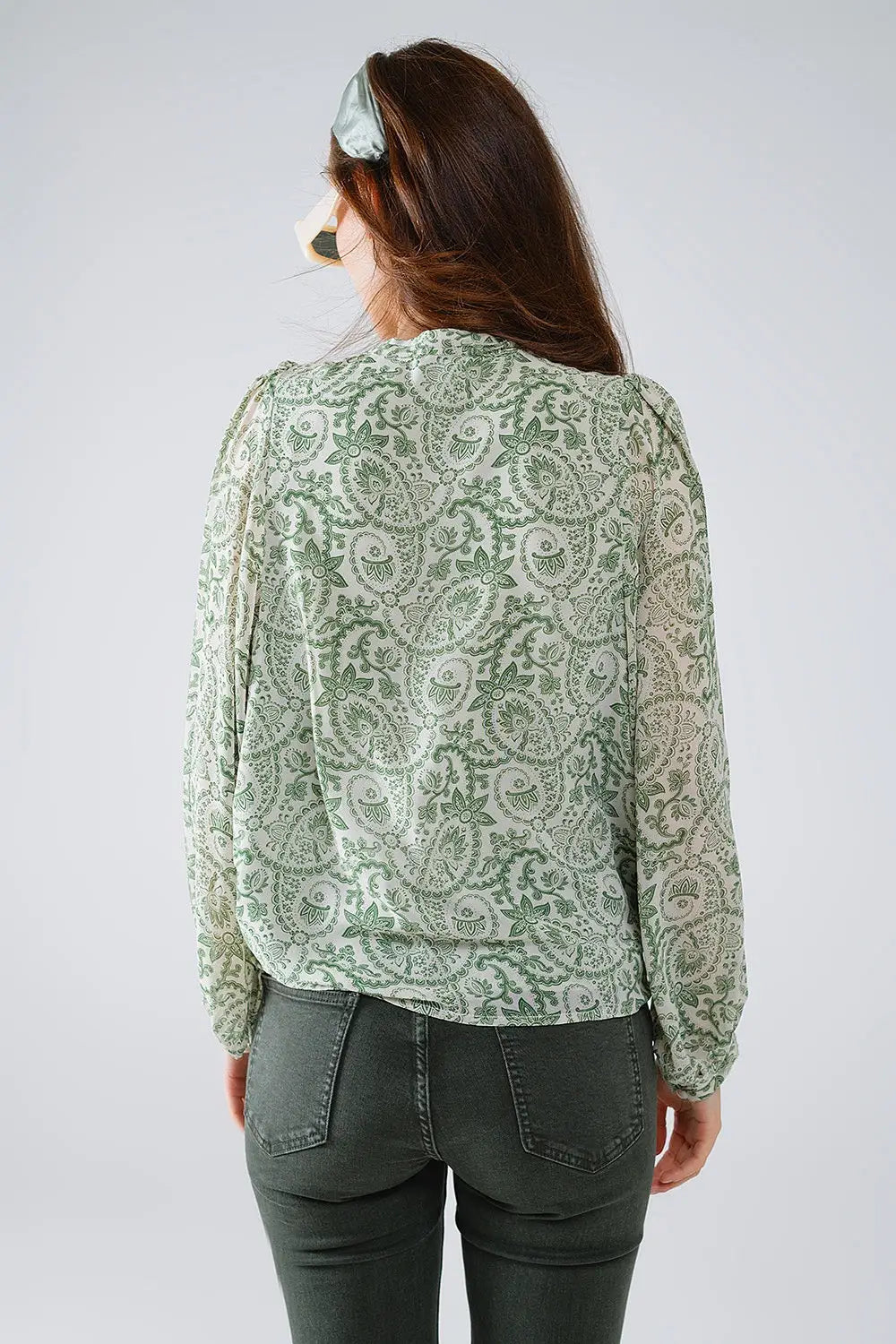 Chemisier en mousseline de soie verte à imprimé floral et manches longues ballon - Tee-Shirt
