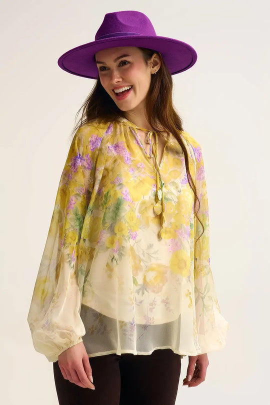 Chemisier en mousseline florale avec finition transparente et silhouette fluide - Tee-Shirt