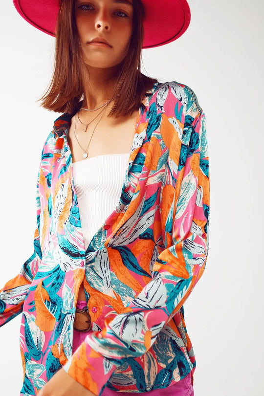 Chemisier en satin avec imprimé floral en orange - Tee-Shirt