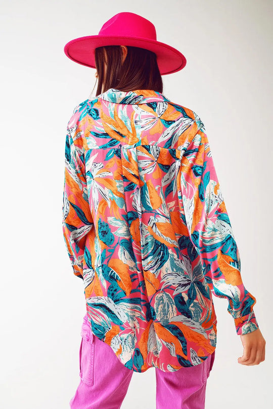 Chemisier en satin avec imprimé floral en orange - Tee-Shirt