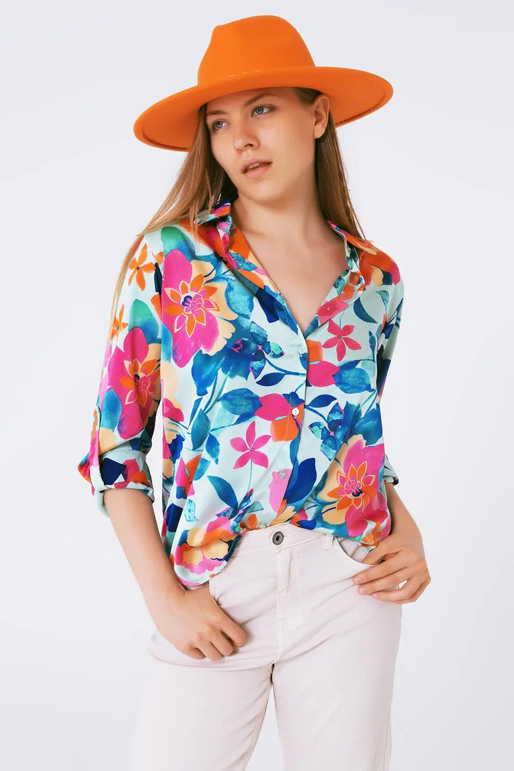 Q2 chemisier en satin doux à imprimé fleuri