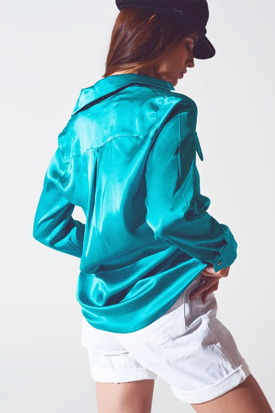 chemisier en satin turquoise - Tee-Shirt