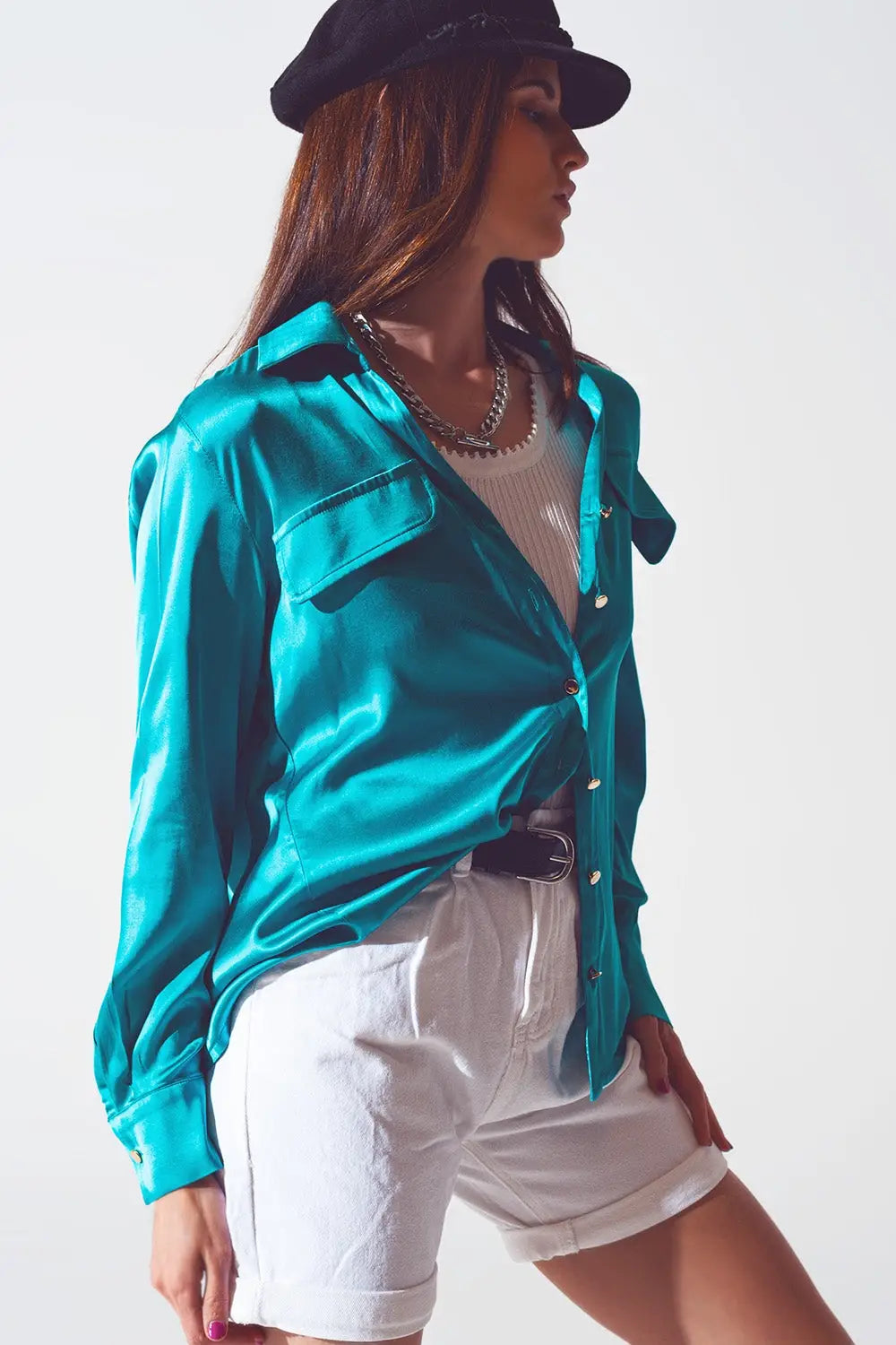 chemisier en satin turquoise - Tee-Shirt