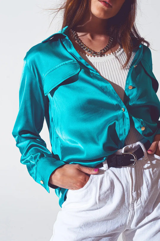 chemisier en satin turquoise - Tee-Shirt