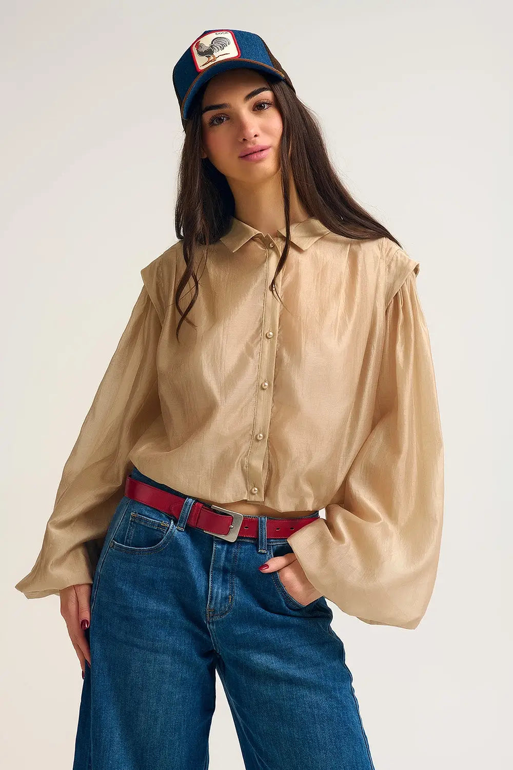 Q2 Chemisier en soie Tencel à manches ballon et boutons en nacar