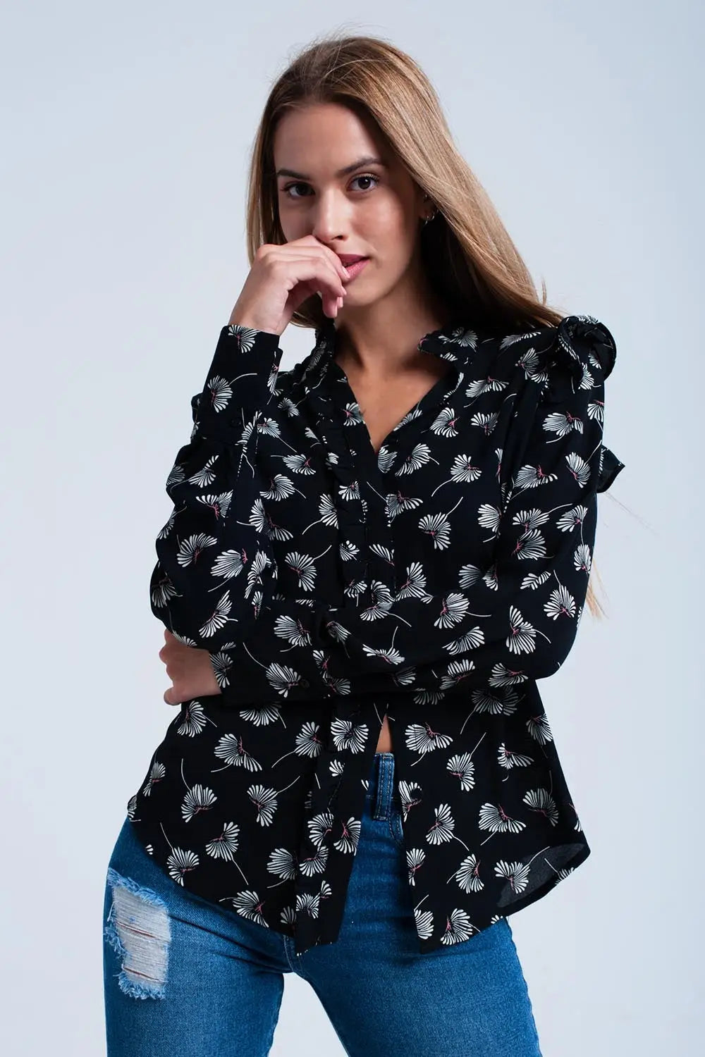 Chemisier noir à imprimé floral - Tee-Shirt
