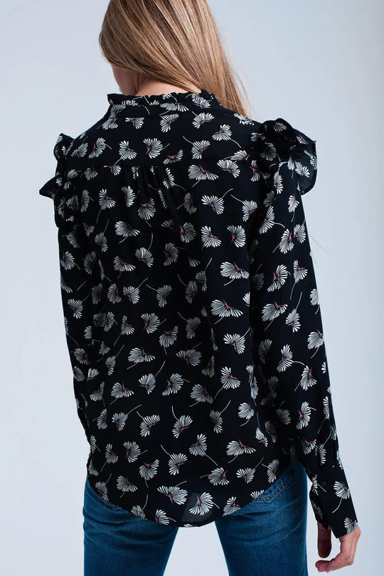 Chemisier noir à imprimé floral - Tee-Shirt