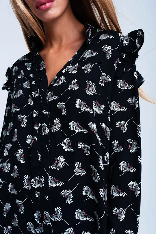 Chemisier noir à imprimé floral - Tee-Shirt