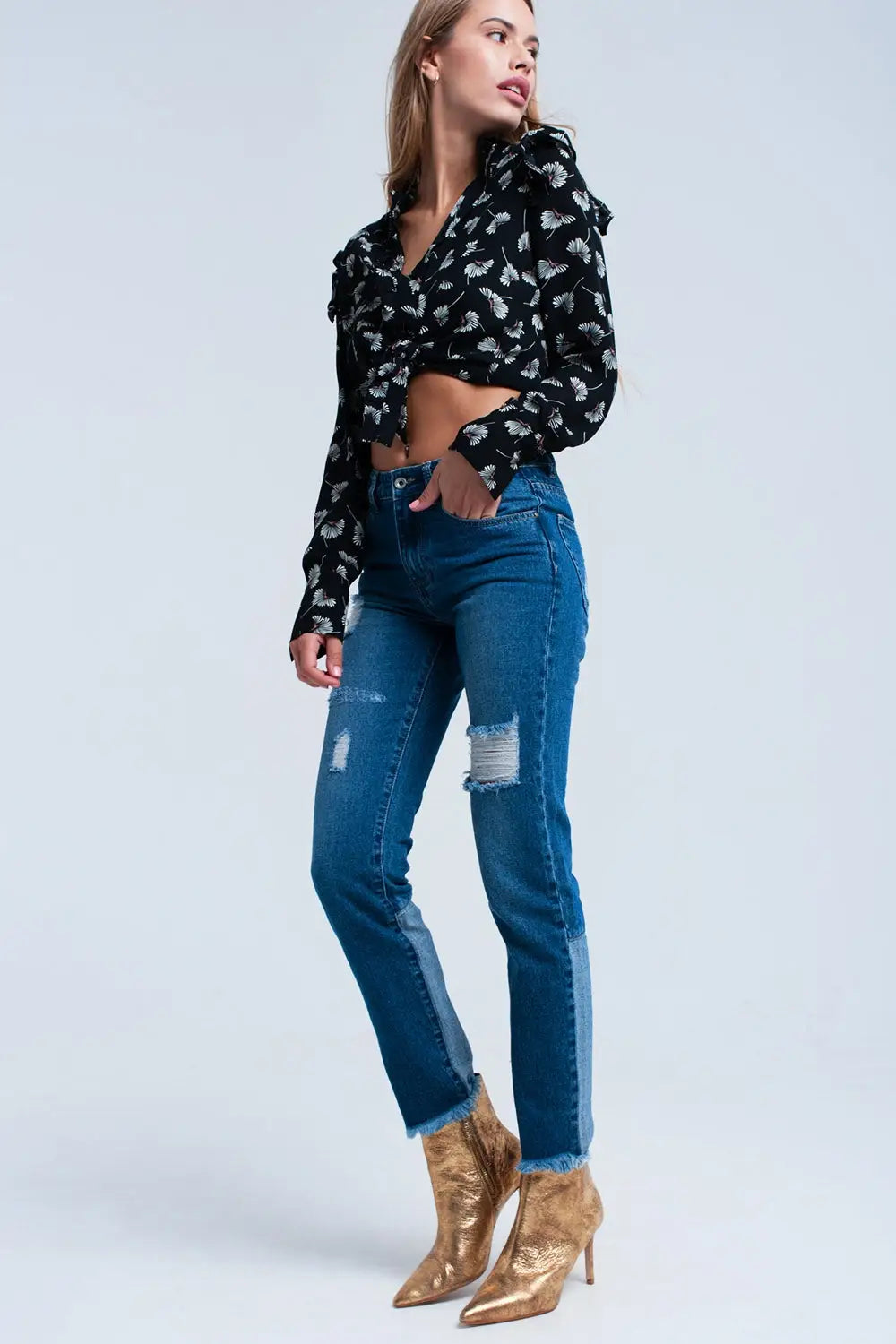 Chemisier noir à imprimé floral - Tee-Shirt