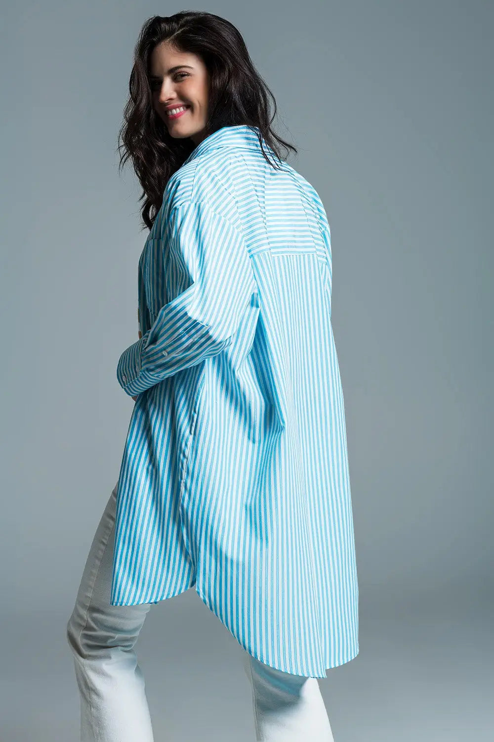 Chemisier oversize bleu clair à rayures blanches - Tee-Shirt
