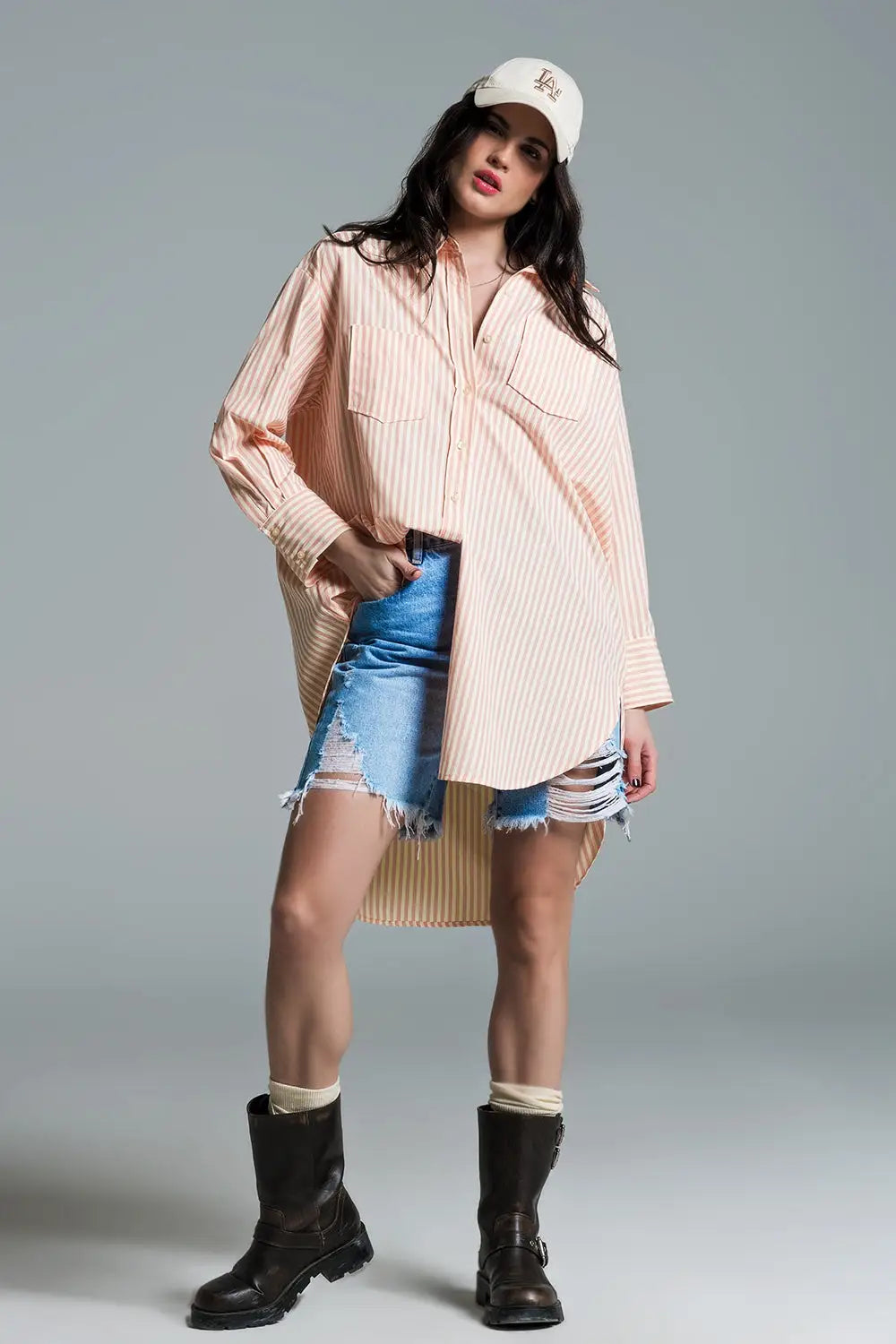 Chemisier oversize orange clair à rayures blanches - Tee-Shirt