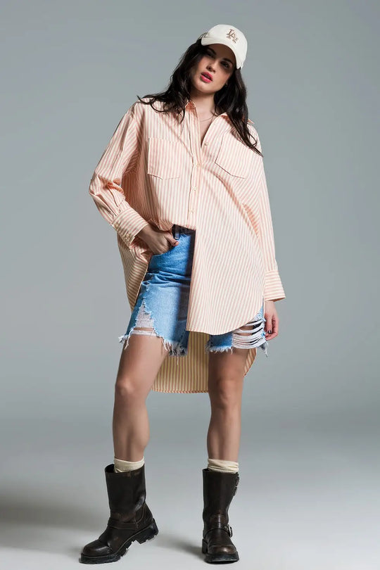 Chemisier oversize orange clair à rayures blanches - Tee-Shirt