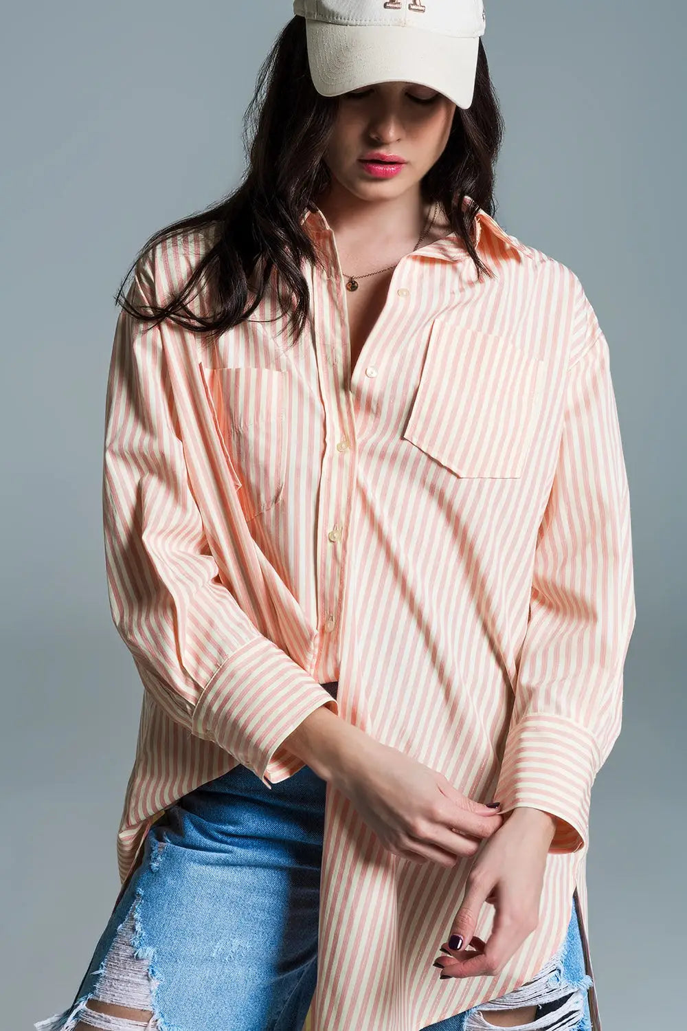 Chemisier oversize orange clair à rayures blanches - Tee-Shirt