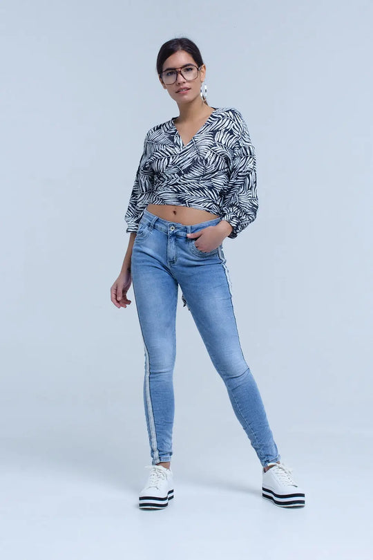 Chemisier plongeant bleu marine à imprimé feuilles - Tee-Shirt