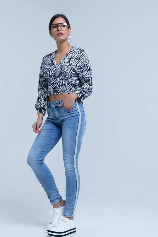 Chemisier plongeant bleu marine à imprimé feuilles - Tee-Shirt
