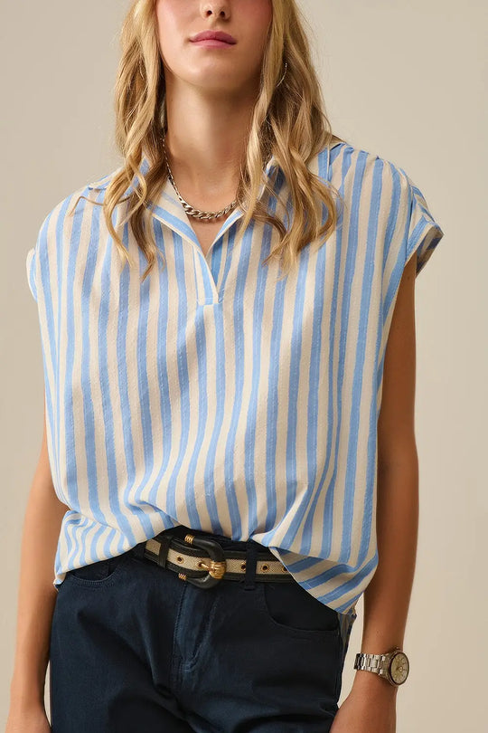 Chemisier rayé à manches tombantes bleu - Tee-Shirt