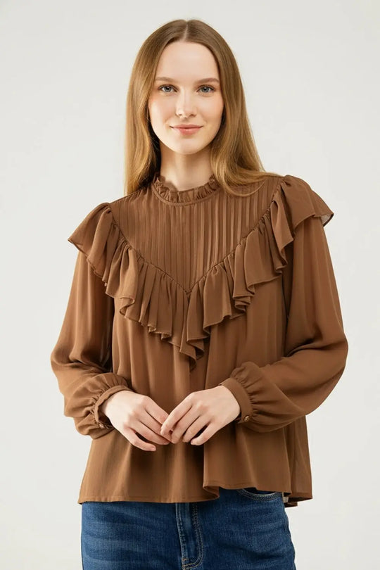 Chemisier romantique à manches longues et à volants en mousseline de soie marron - Tops
