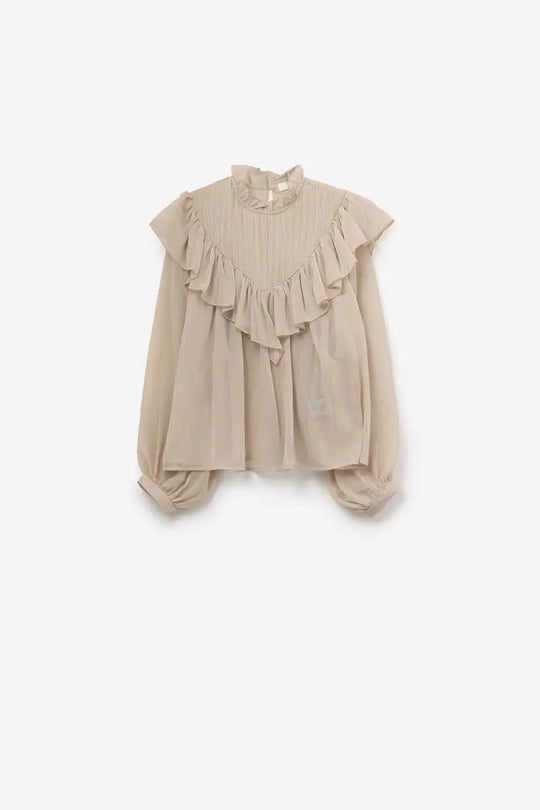 Chemisier romantique beige à manches longues et volants en mousseline de soie - Tops