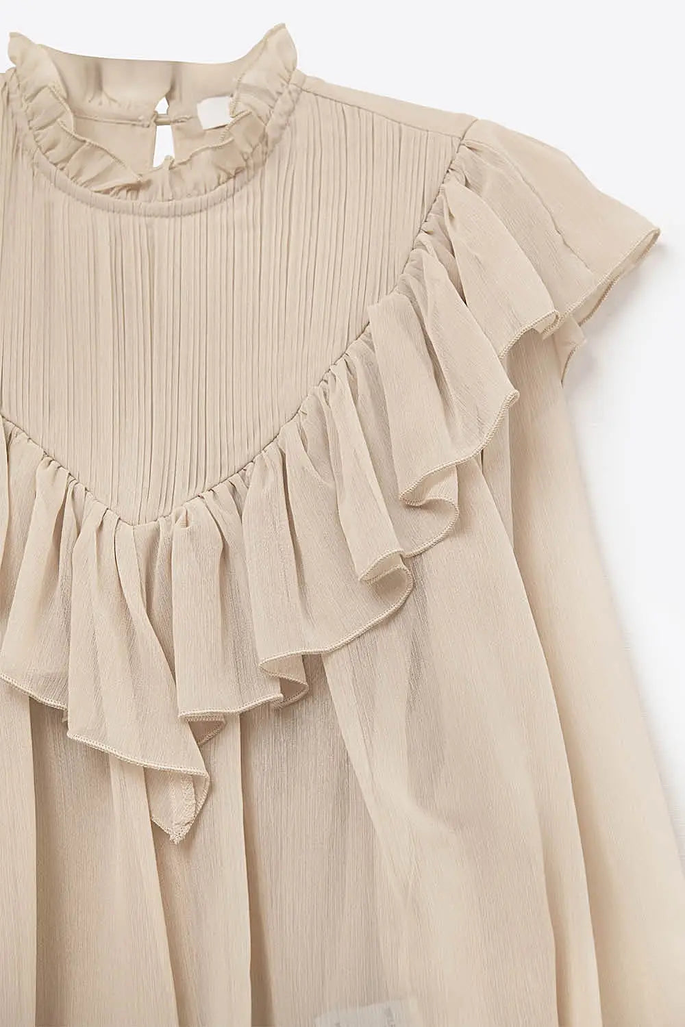 Chemisier romantique beige à manches longues et volants en mousseline de soie - Tops