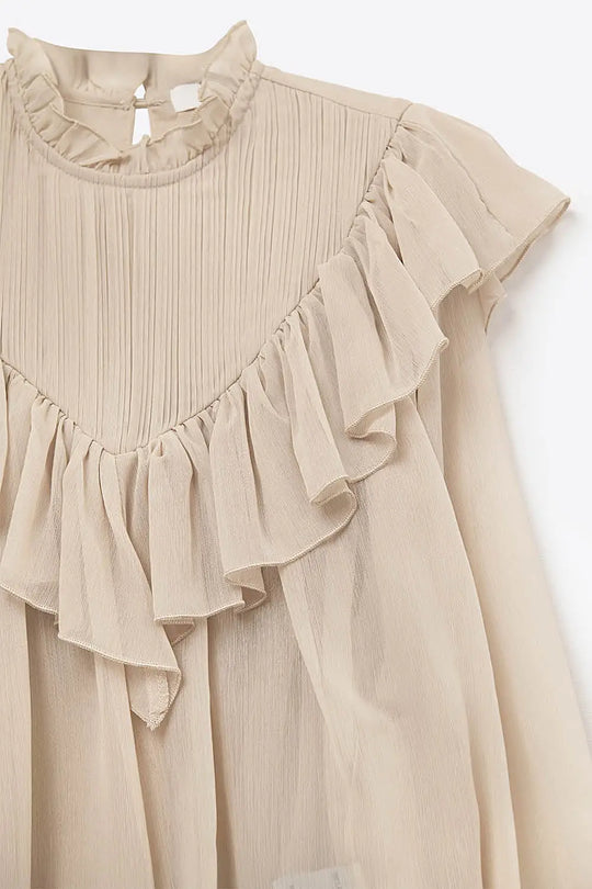 Chemisier romantique beige à manches longues et volants en mousseline de soie - Tops