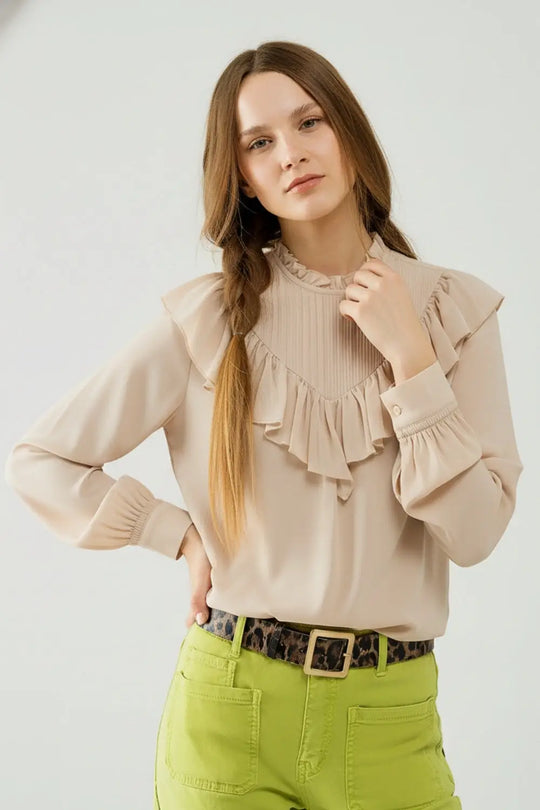 Chemisier romantique beige à manches longues et volants en mousseline de soie - Tops