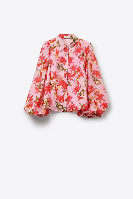 Chemisier rose à imprimé floral avec manches ballon en mousseline de soie - Tee-Shirt