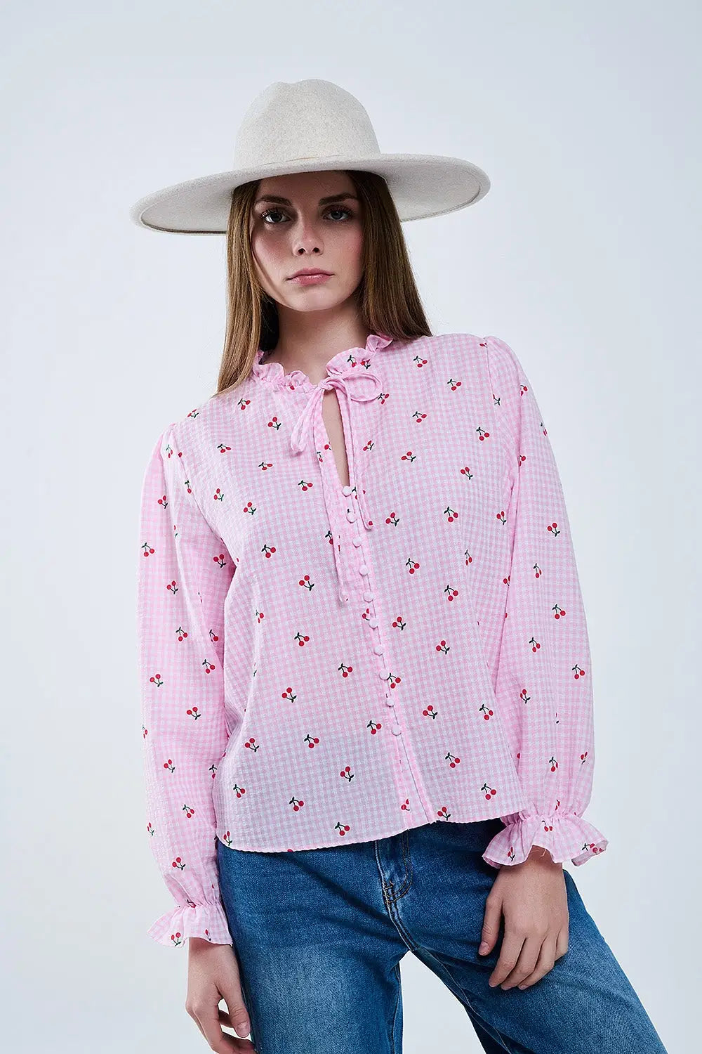 Chemisier rose avec détails de cerises et nœud noué - Tee-Shirt