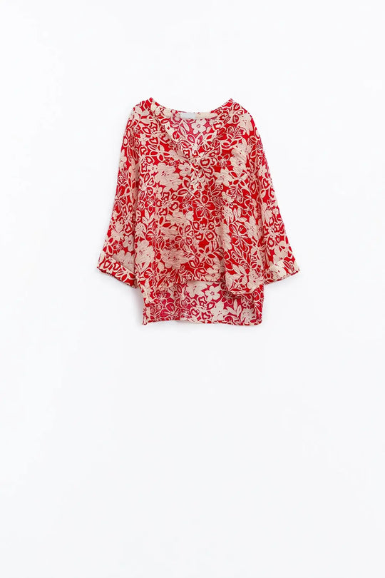 Chemisier rouge décontracté à imprimé floral et manches cloche - One Size / rouge - Tee-Shirt