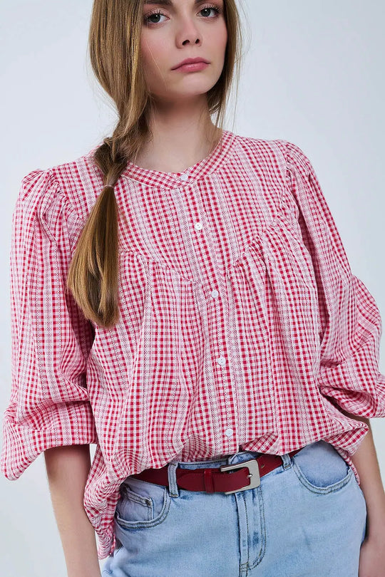 Chemisier sans col à manches larges vichy rouge et blanc - Tee-Shirt