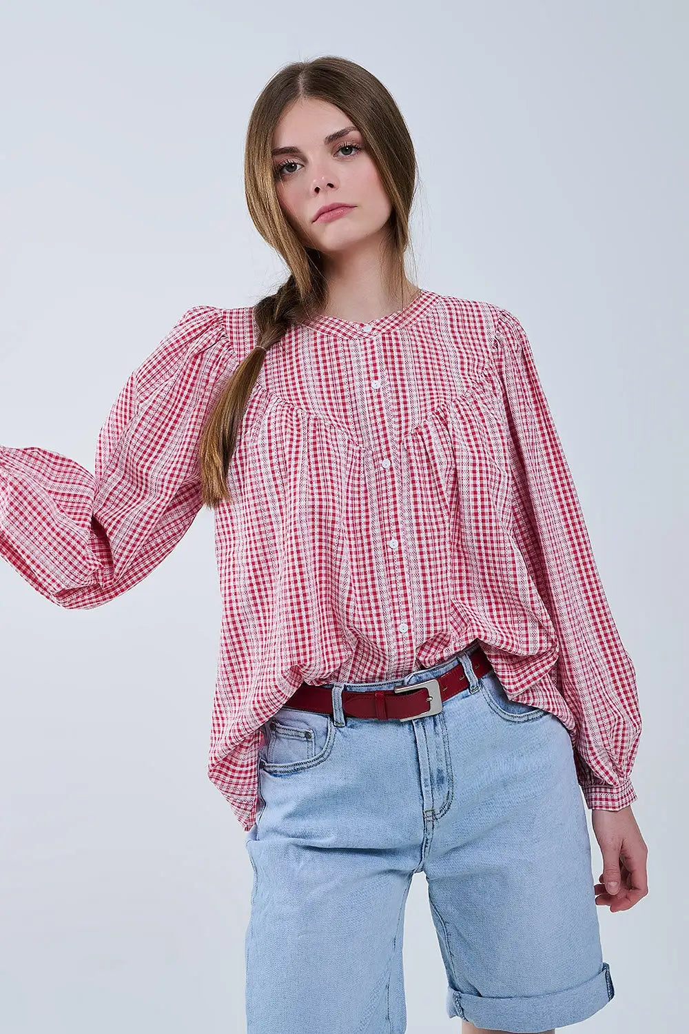 Chemisier sans col à manches larges vichy rouge et blanc - Tee-Shirt