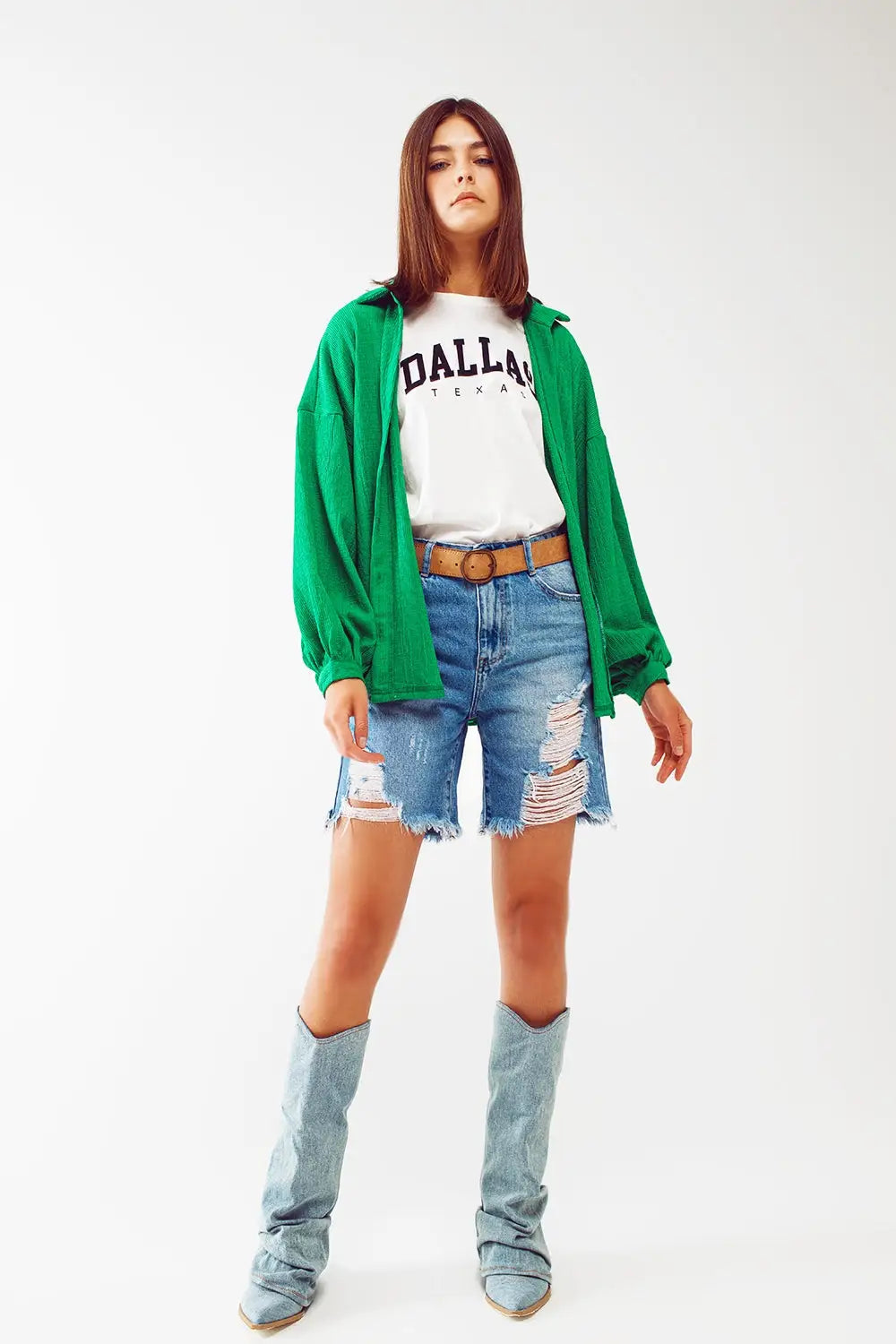 Chemisier texturé avec manches ballon en vert - Tee-Shirt