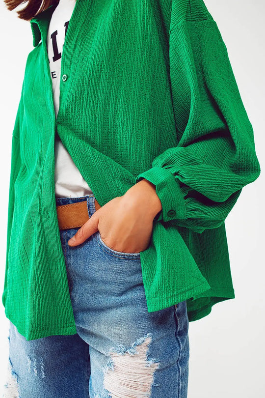 Chemisier texturé avec manches ballon en vert - Tee-Shirt