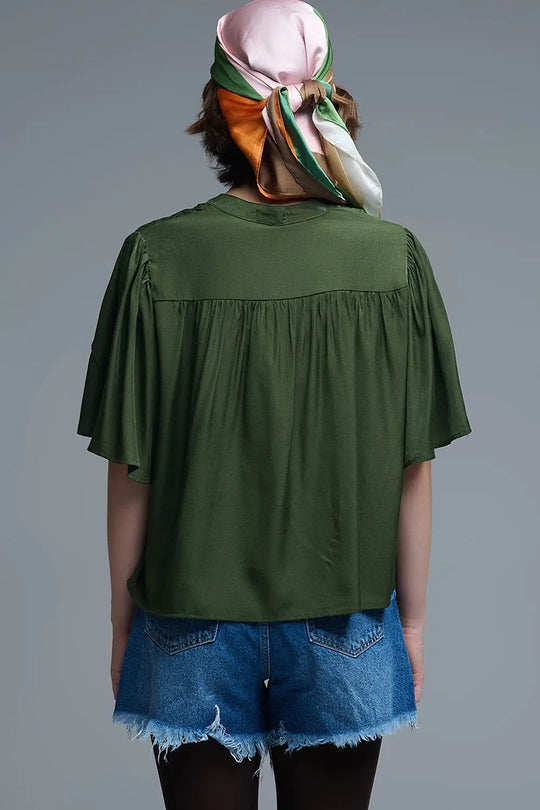 Chemisier vert décontracté de style bohème avec détails brodés - Tops