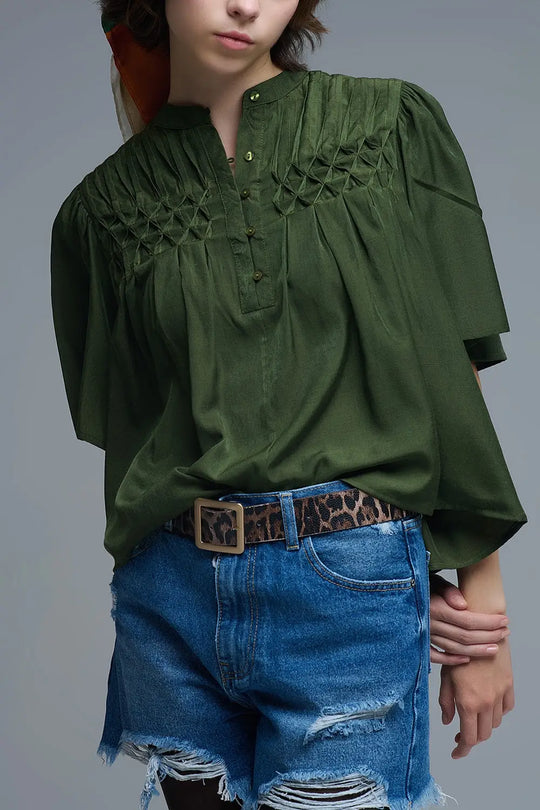 Chemisier vert décontracté de style bohème avec détails brodés - Tops