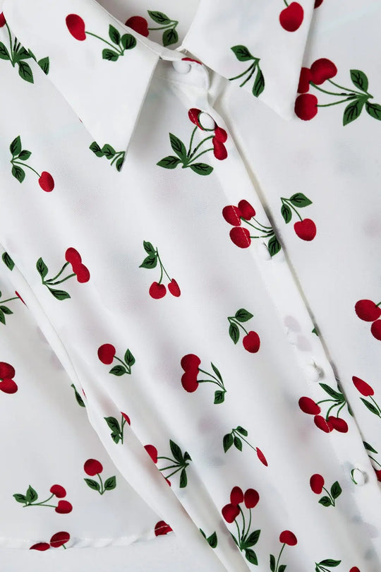 Cherry Print Short Shirt Dress - Dresses