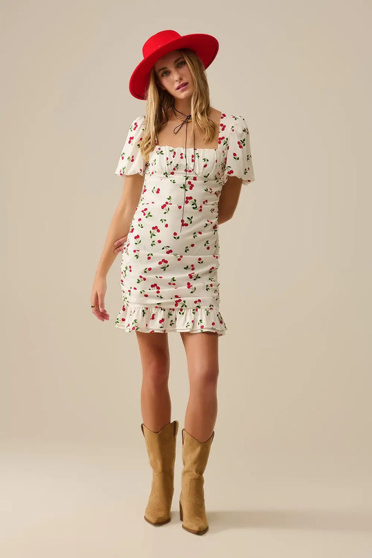 Q2 Cherry Puff Sleeve Mini Dress