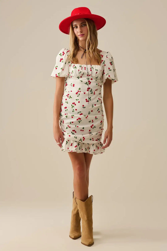 Cherry Puff Sleeve Mini Dress - Dresses
