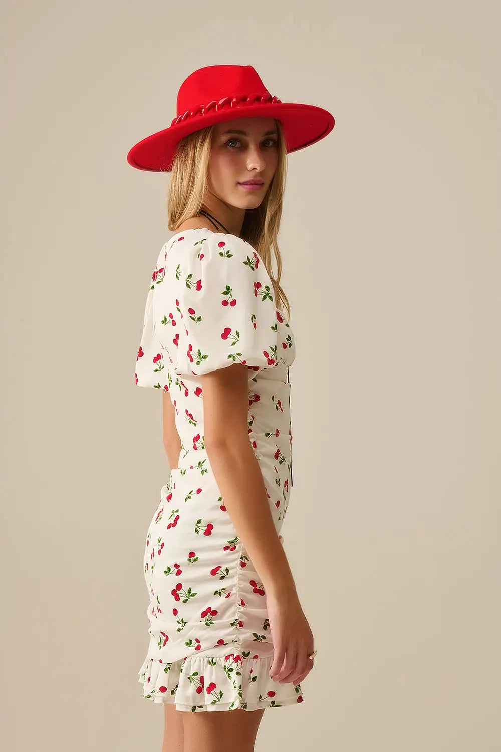 Cherry Puff Sleeve Mini Dress - Dresses