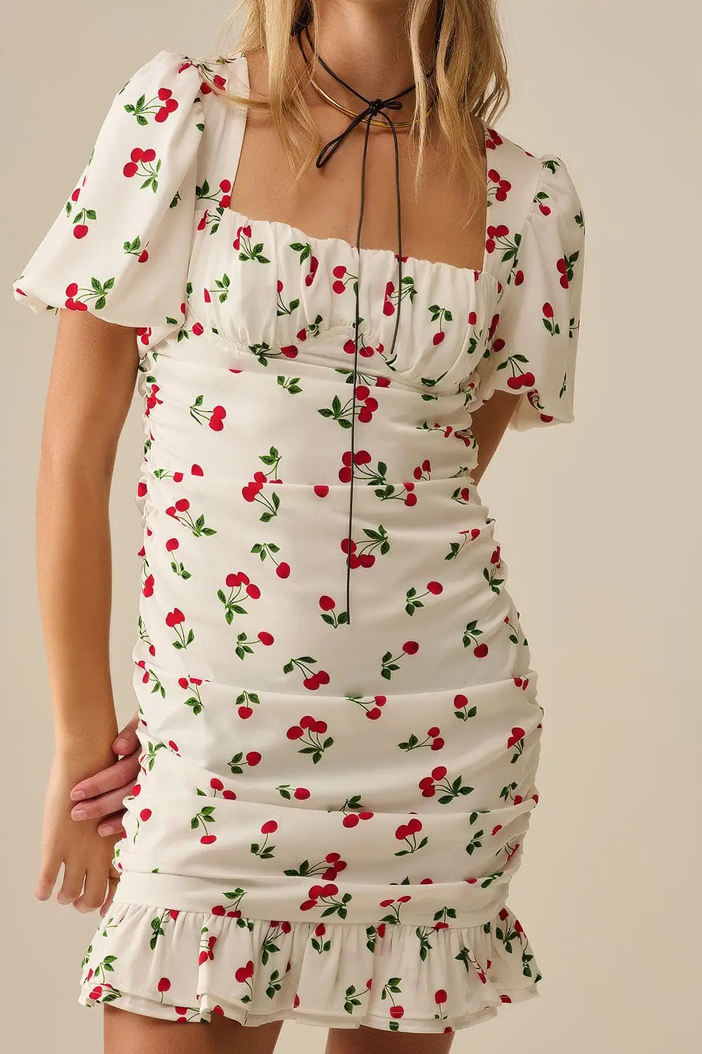 Cherry Puff Sleeve Mini Dress - Dresses