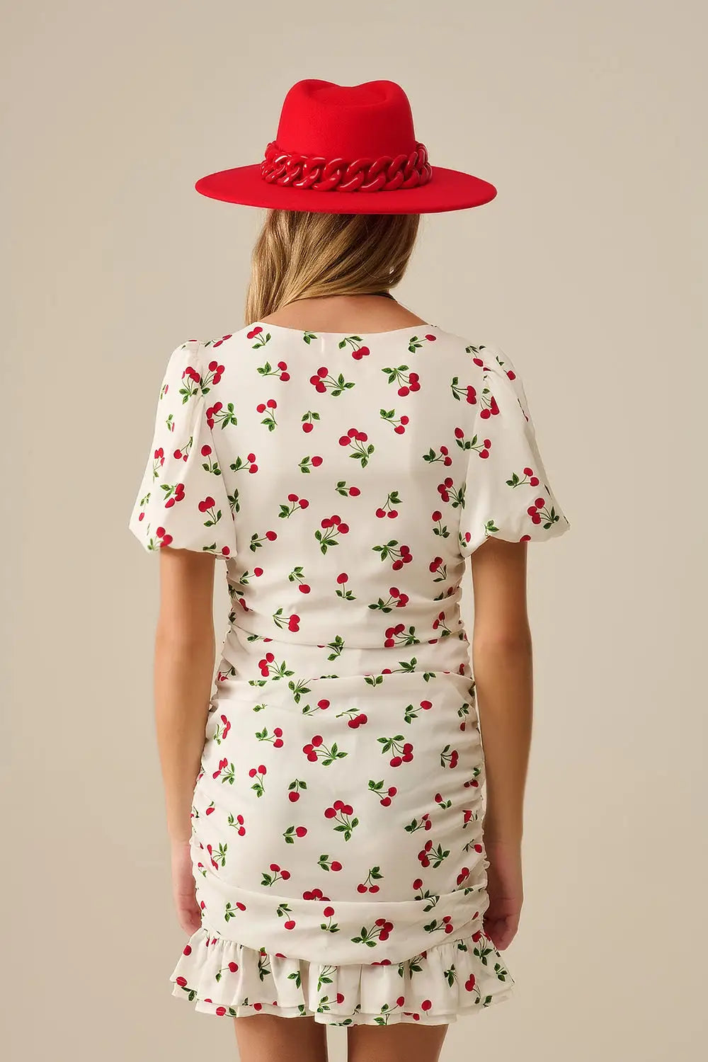 Cherry Puff Sleeve Mini Dress - Dresses