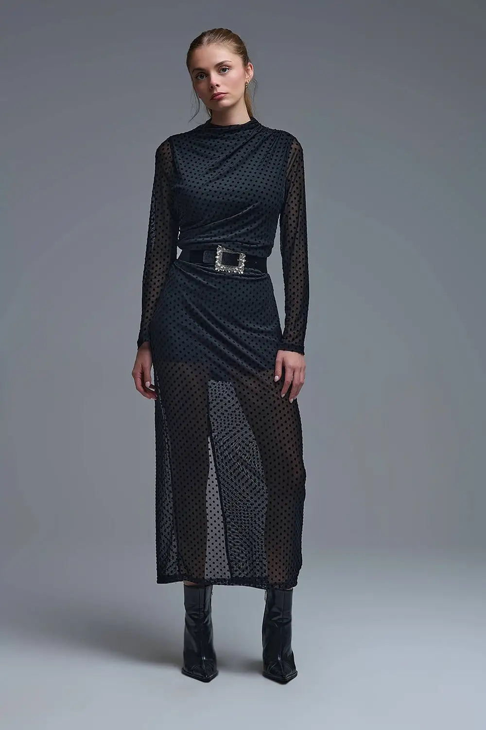 Q2 Chic Black Sheer Polka Dot Midi Dress