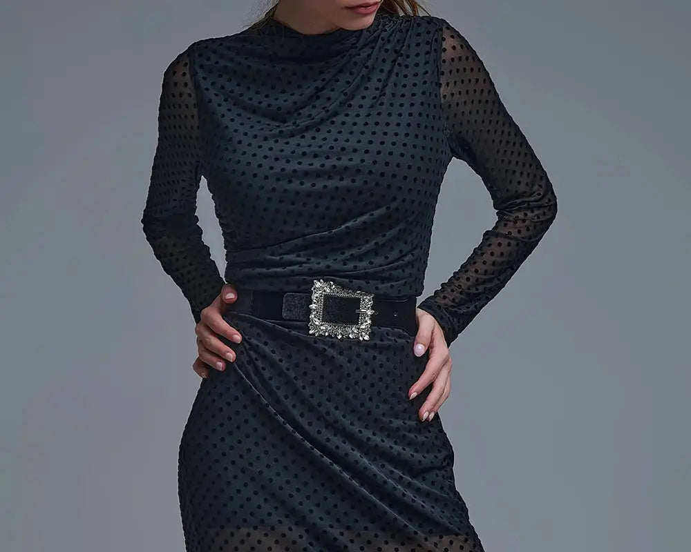 Chic Black Sheer Polka Dot Midi Dress - Dresses