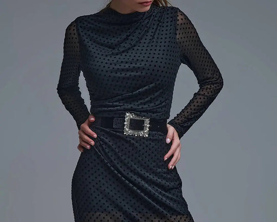 Chic Black Sheer Polka Dot Midi Dress - Dresses