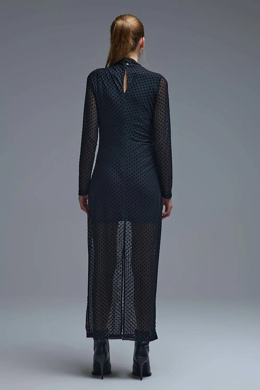 Chic Black Sheer Polka Dot Midi Dress - Dresses